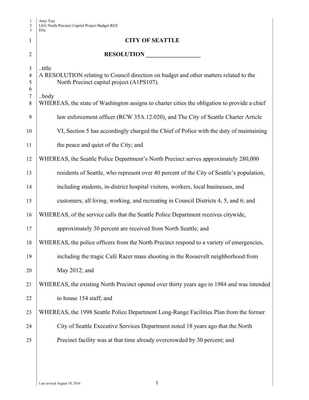 Legnorth Precinct Capital Project Budgetres