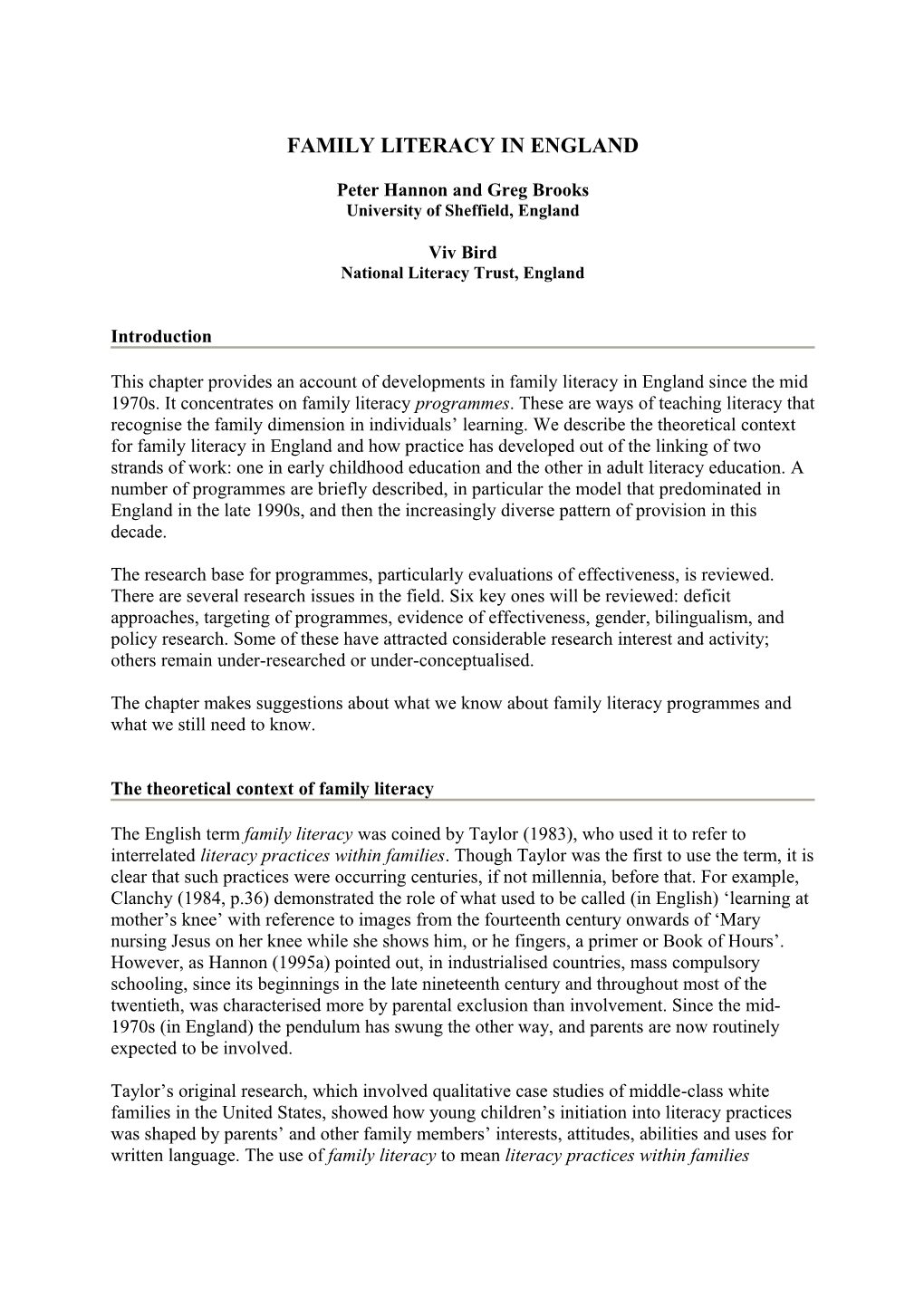 Outline of Chapter for Handbook of Early Childhood Literacy Research, 6 April 2002