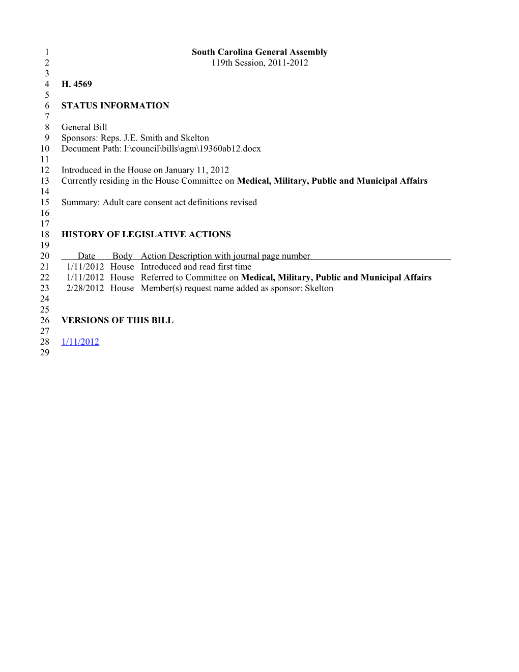 2011-2012 Bill 4569: Adult Care Consent Act Definitions Revised - South Carolina Legislature