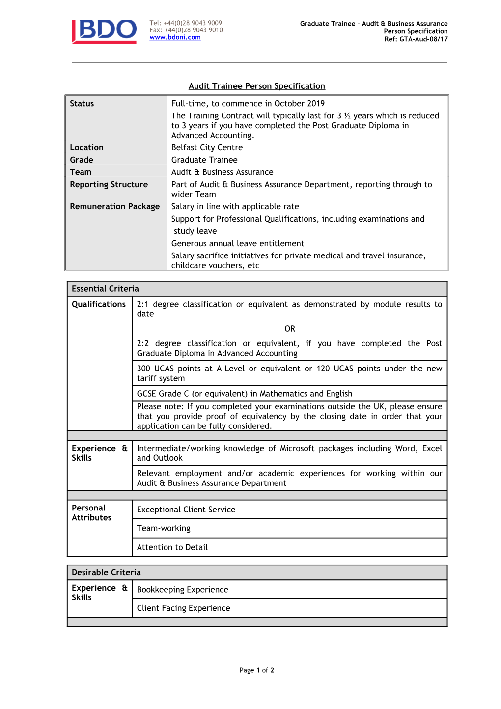 Audit Trainee Person Specification