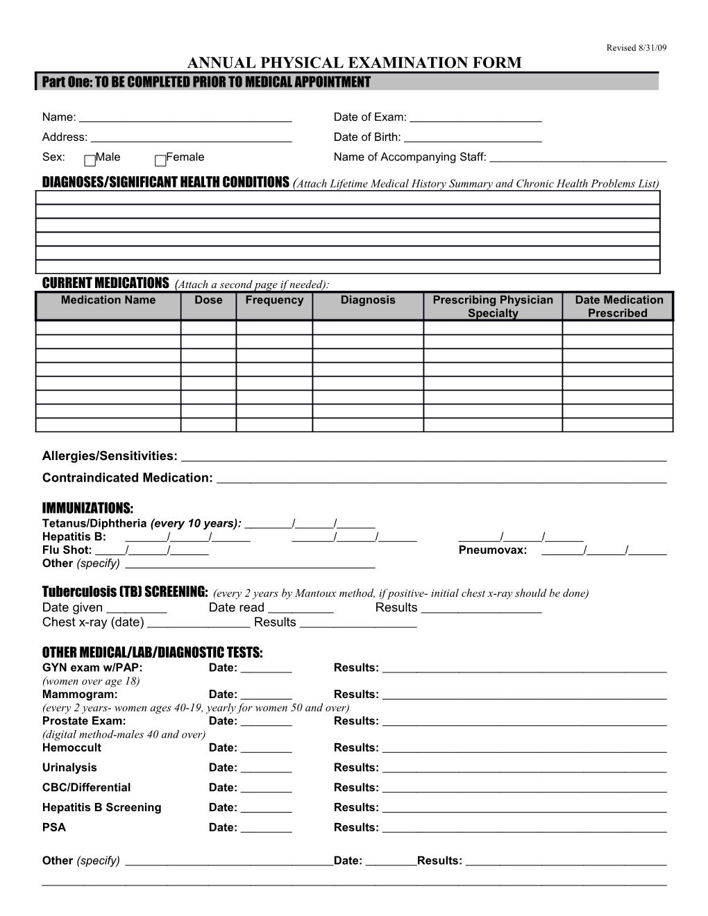 Annual Physical Examination Form