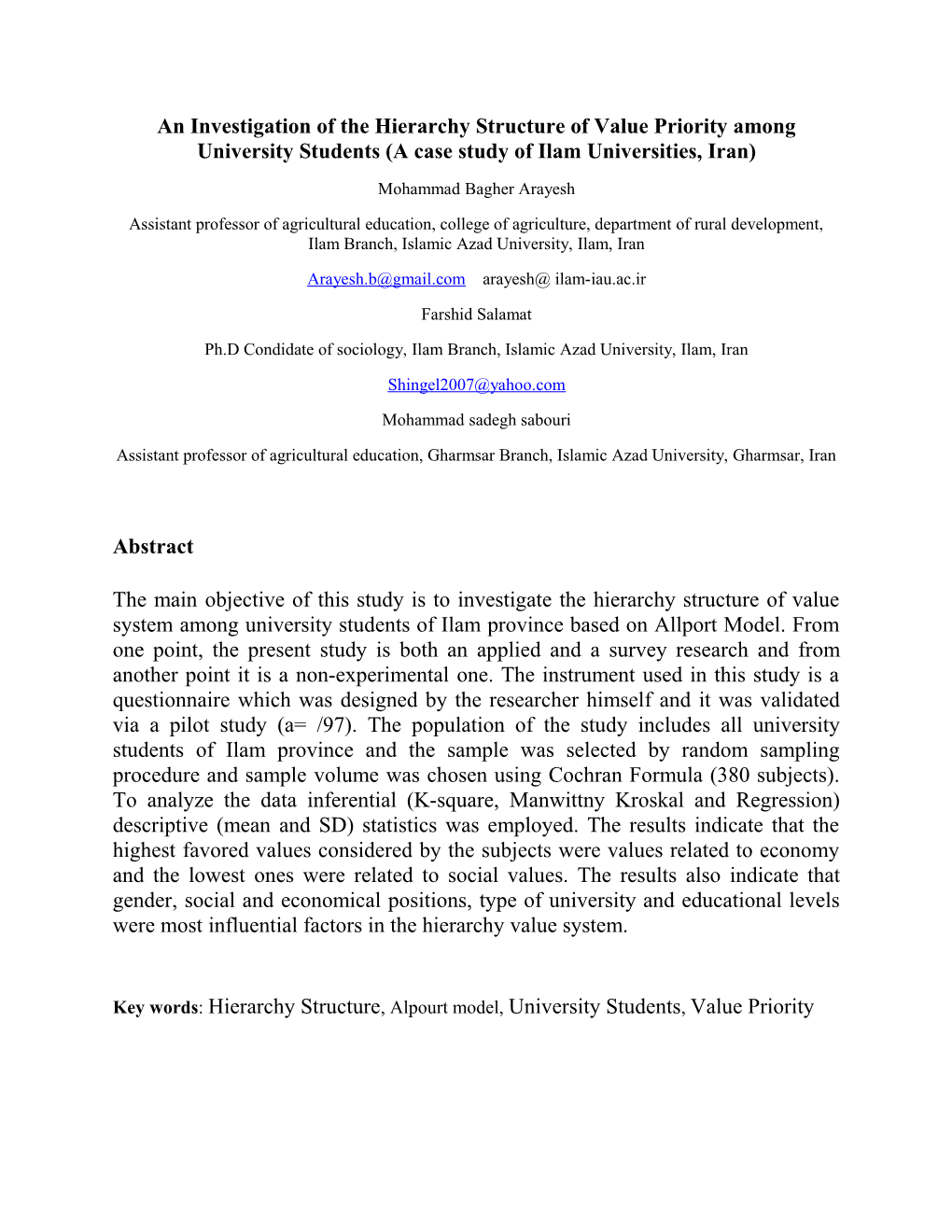An Investigation of the Hierarchy Structure of Value Priority Among University Students
