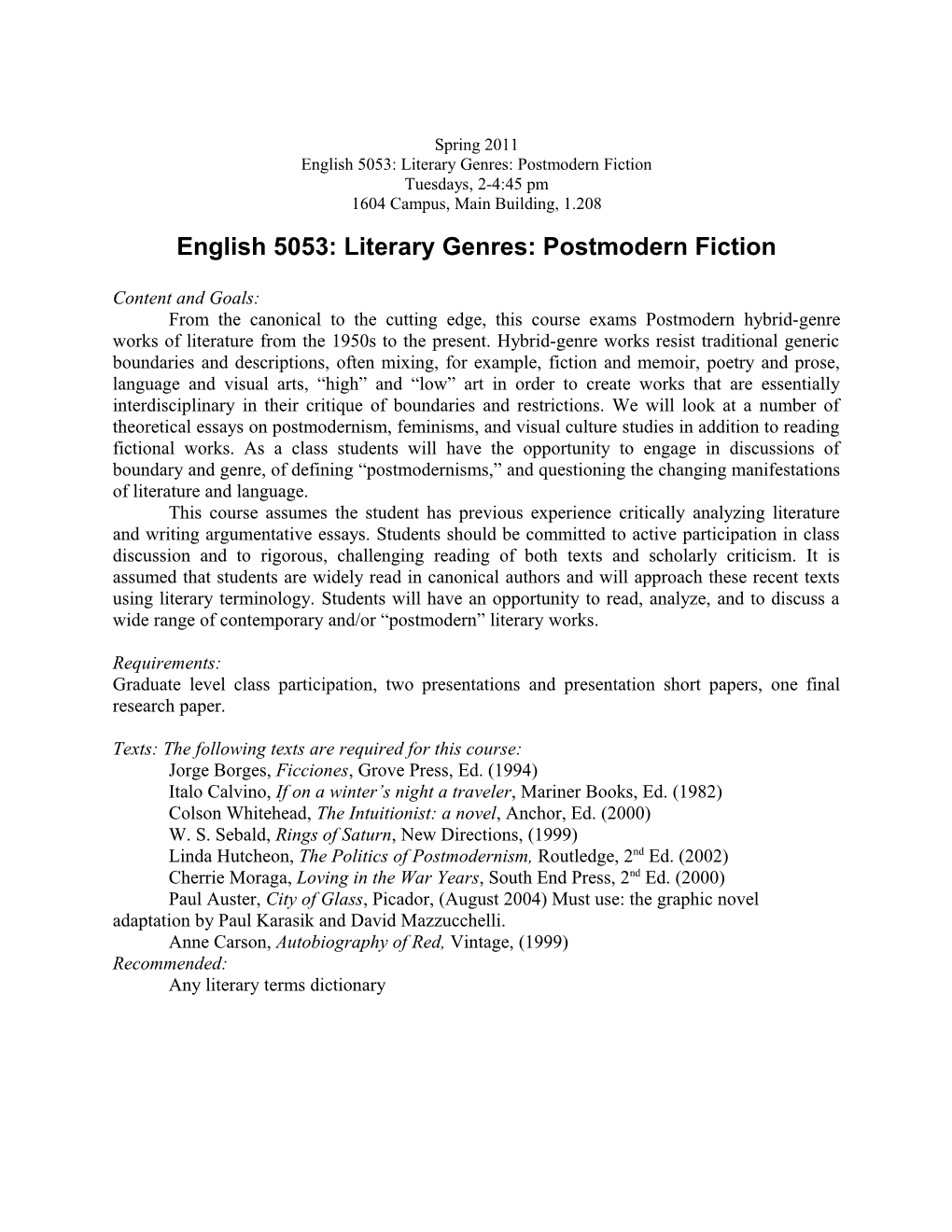 English 5053: Literary Genres: Postmodern Fiction