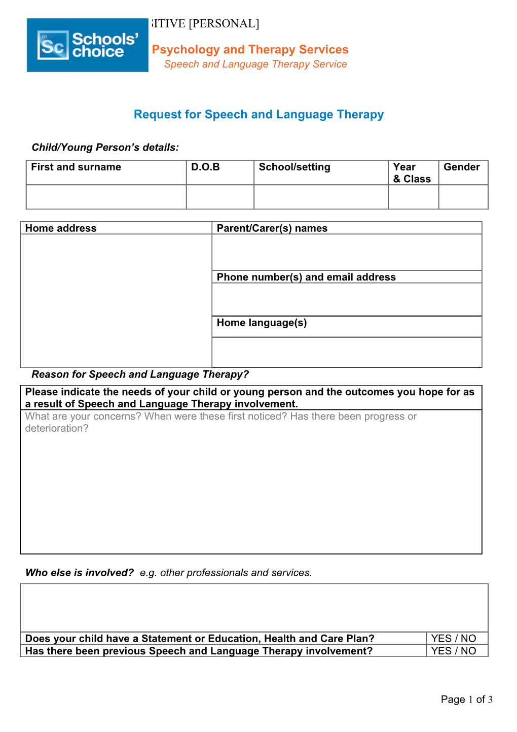 Request for Speech and Language Therapy