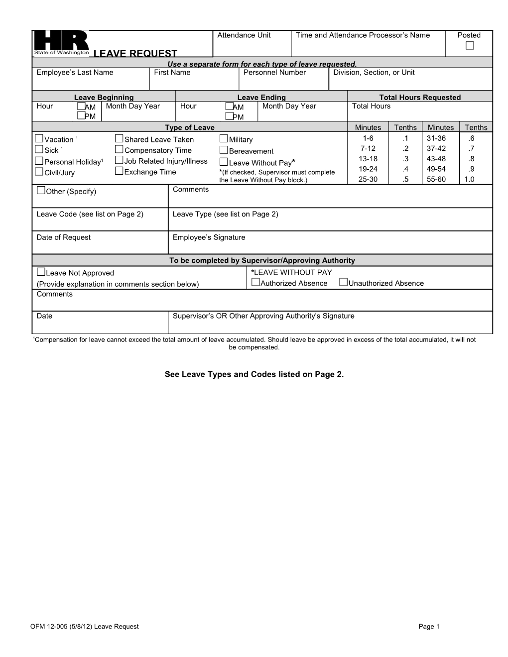 See Leave Typesand Codes Listed on Page 2