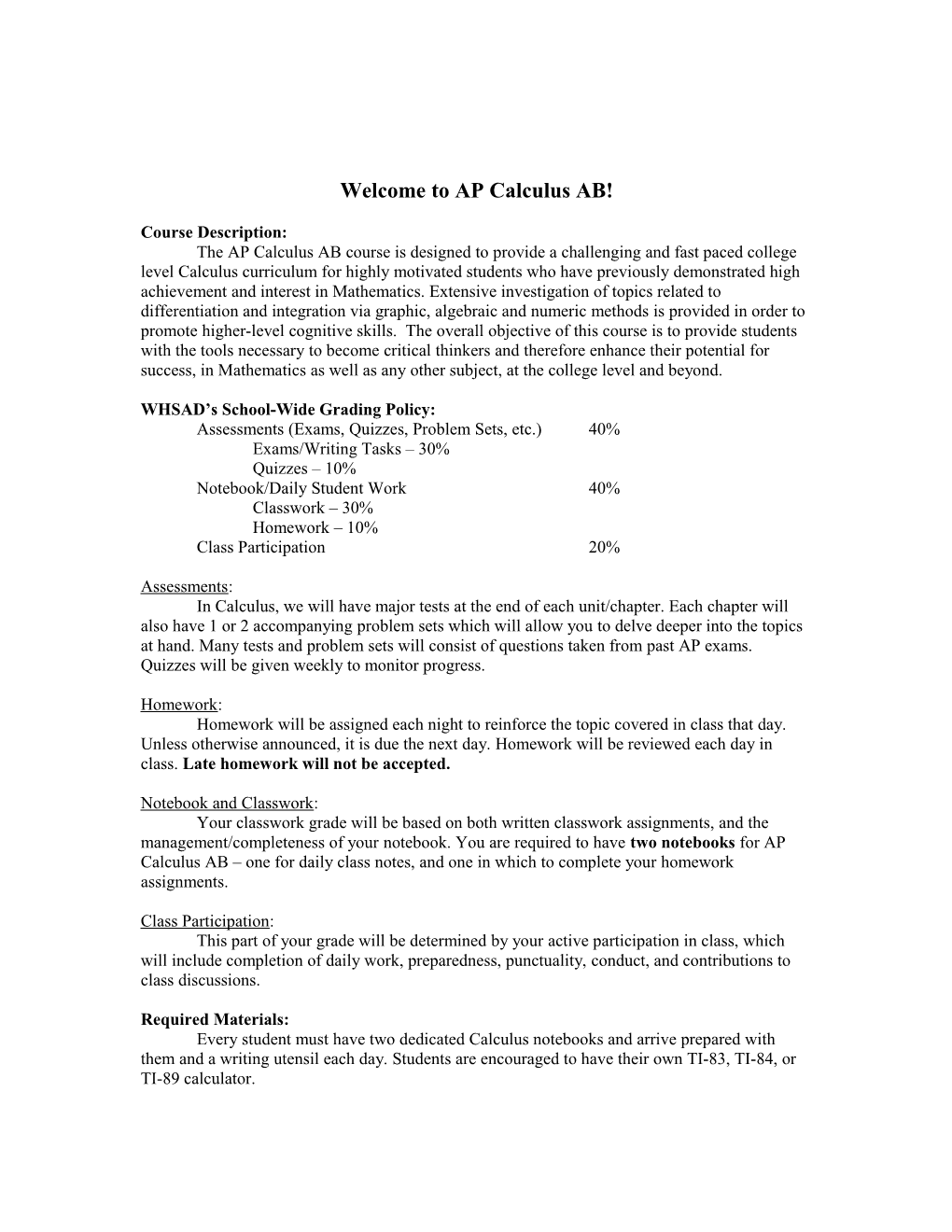 Welcome to Advanced Placement Calculus AB