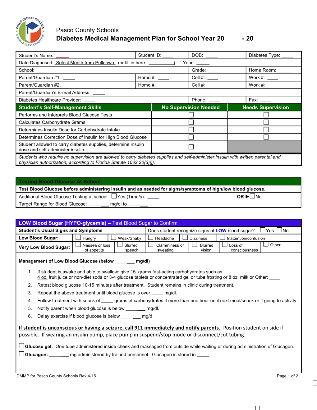 Diabetes Medical Management Planfor School Year 20- 20