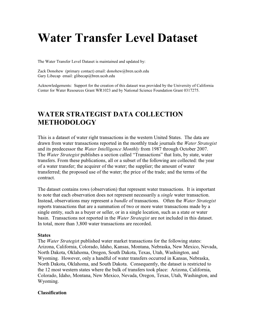 Water Transfer Level Dataset