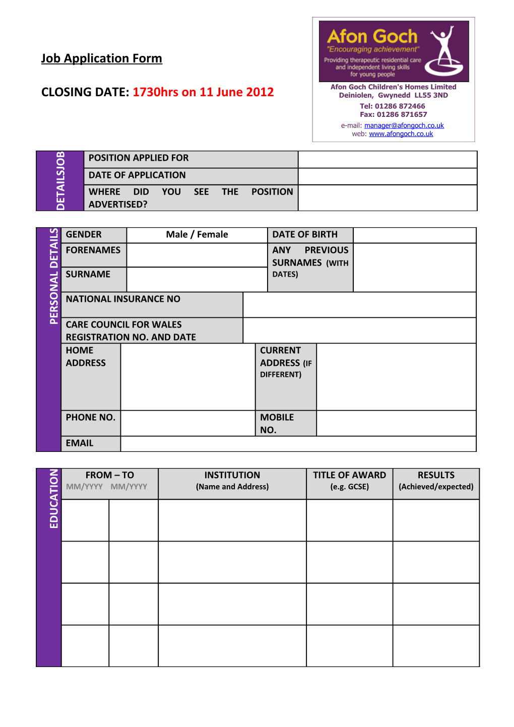 Afon Goch Job Application Form