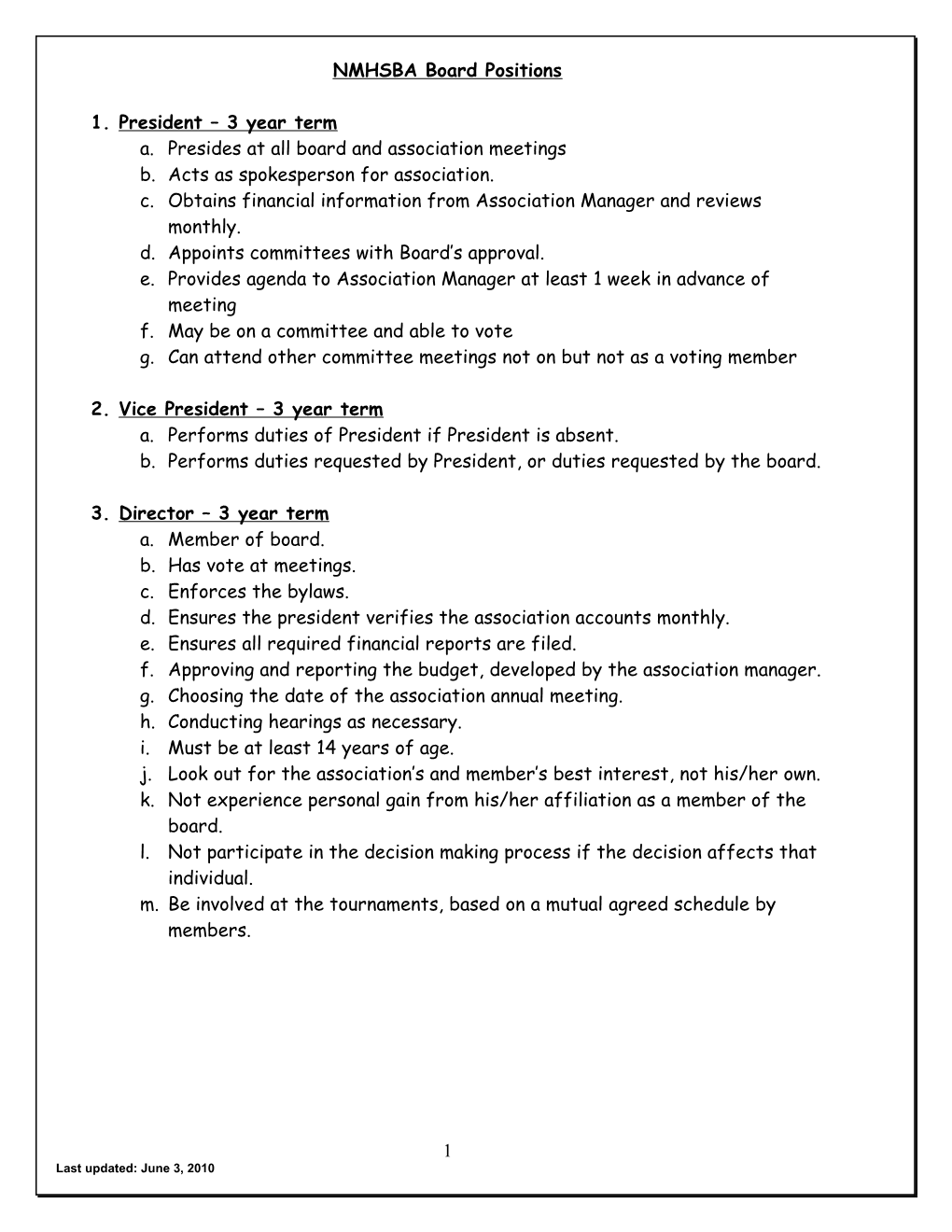 NMHSBA Board Positions