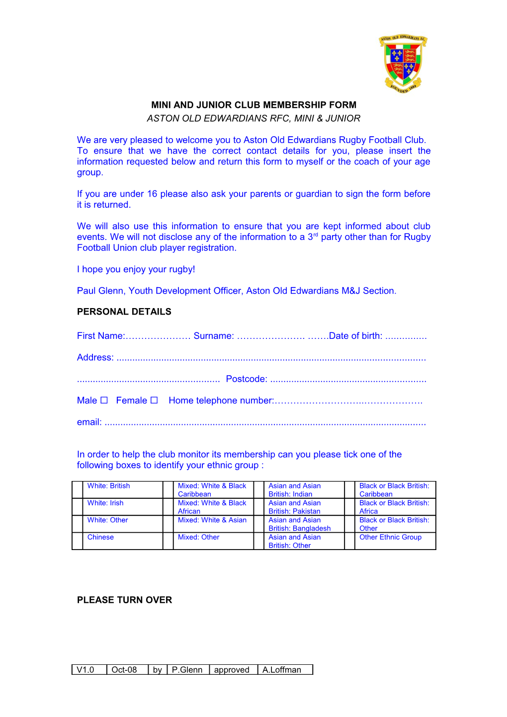 Junior Club Membership Form