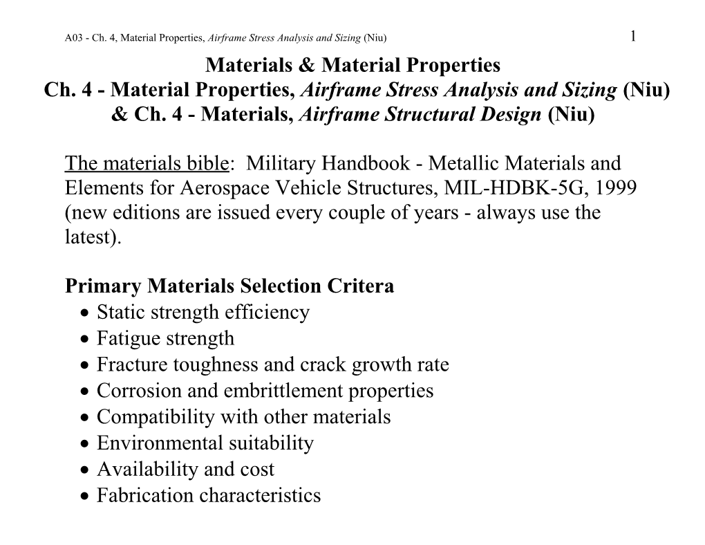 A03 - Ch. 4, Material Properties, Airframe Stress Analysis and Sizing (Niu)1