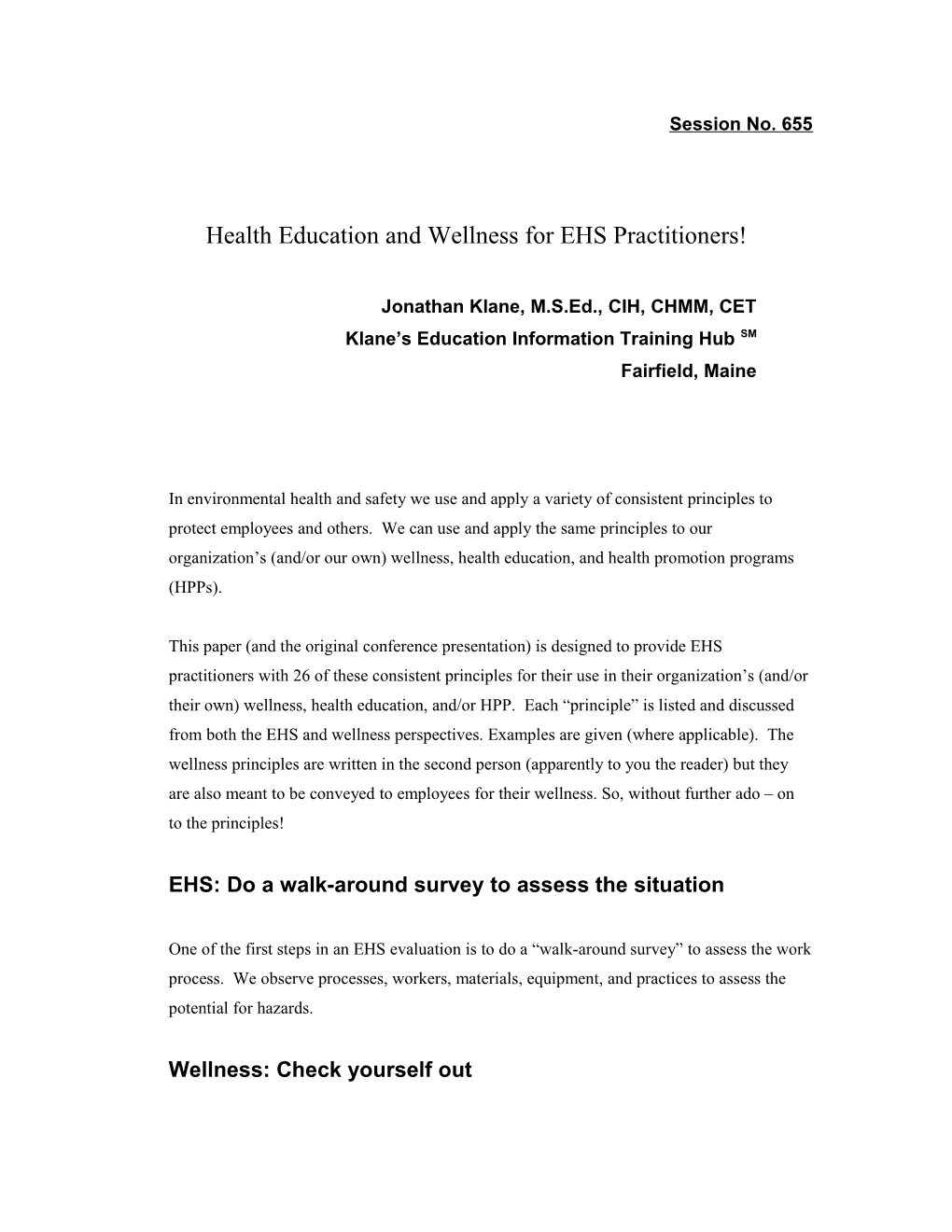 Health Education and Wellness for EHS Practitioners!