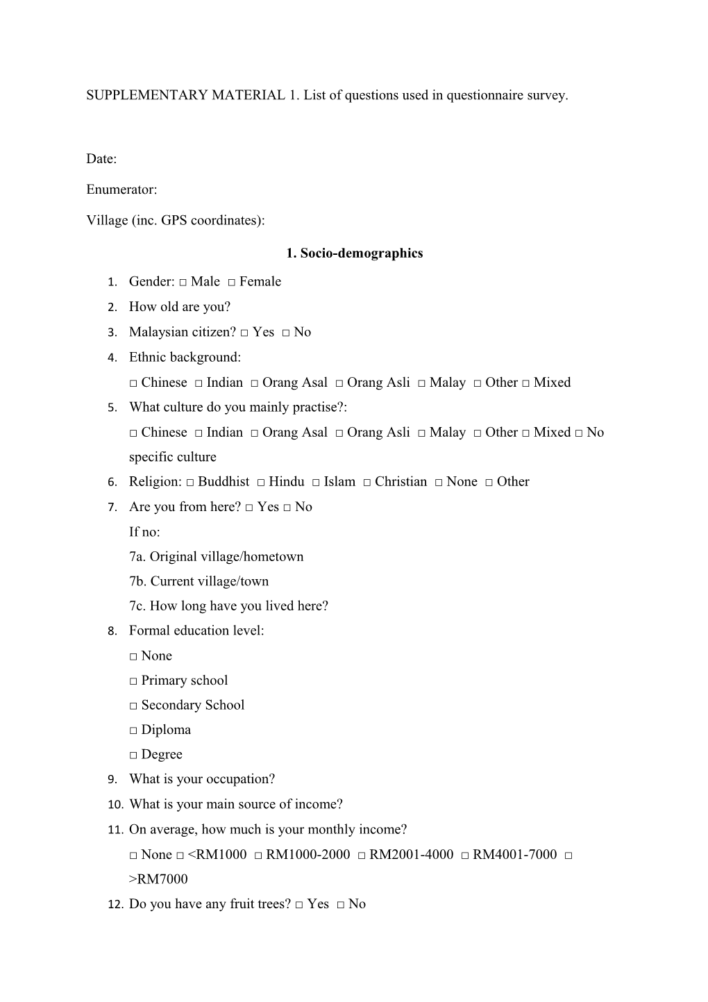 SUPPLEMENTARY MATERIAL 1.List of Questions Used in Questionnaire Survey
