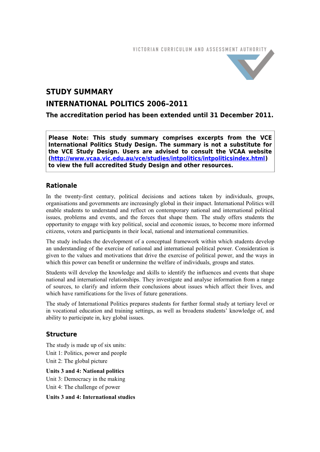 Vce International Politics 2006 2011Study Summary