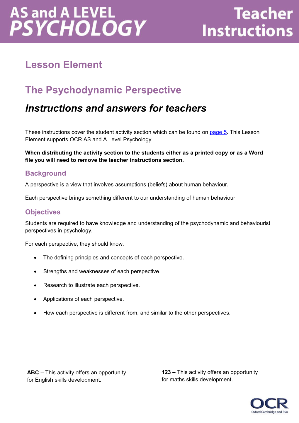 OCR AS and a Level Psychology Lesson Element the Psychodynamic Perspective