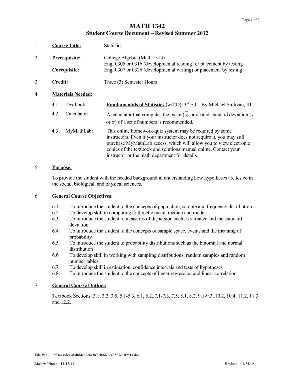 Student Course Document Revised Summer 2012