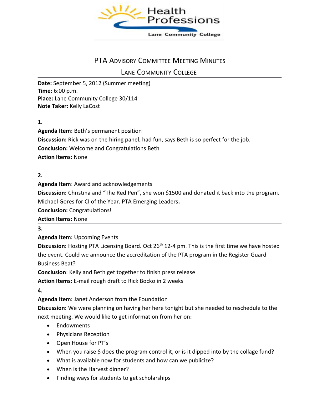 PTA Advisory Committee Meeting Minutes