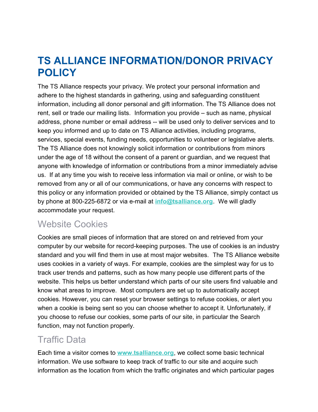 TS Alliance Information/Donor Privacy Policy