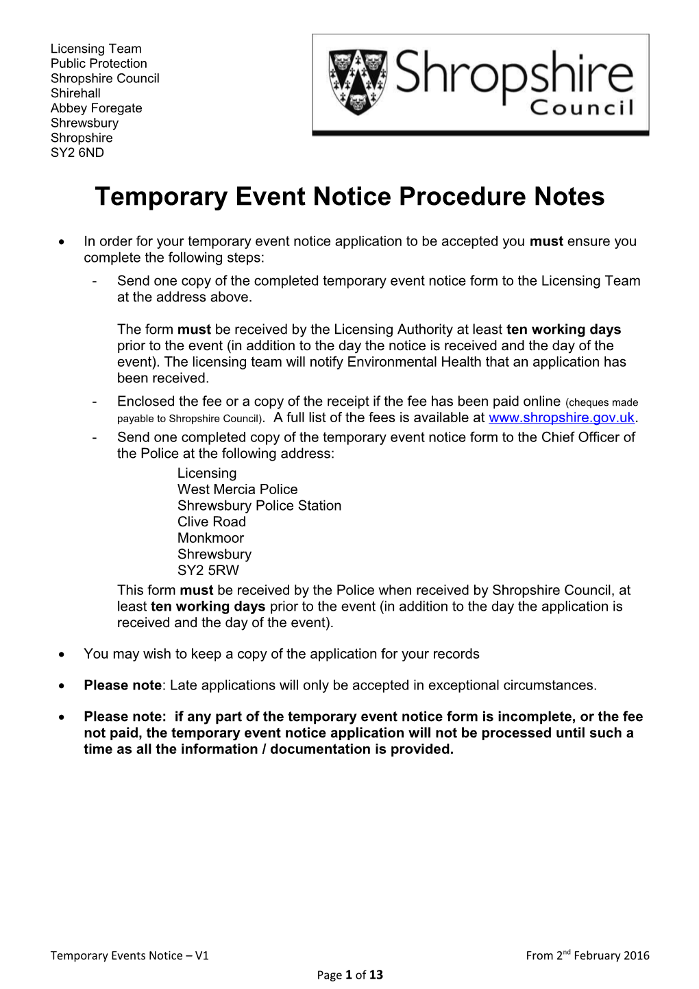 Temporary Event Notice Procedure Notes