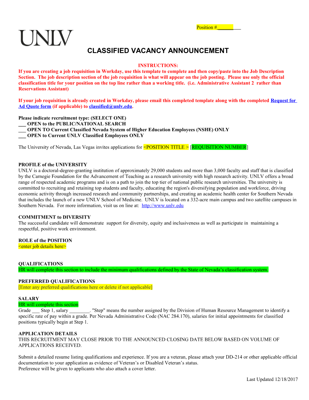 Classified Vacancy Announcement