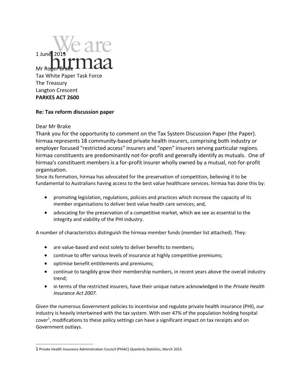HIRMAA - Submission to the Tax Discussion Paper