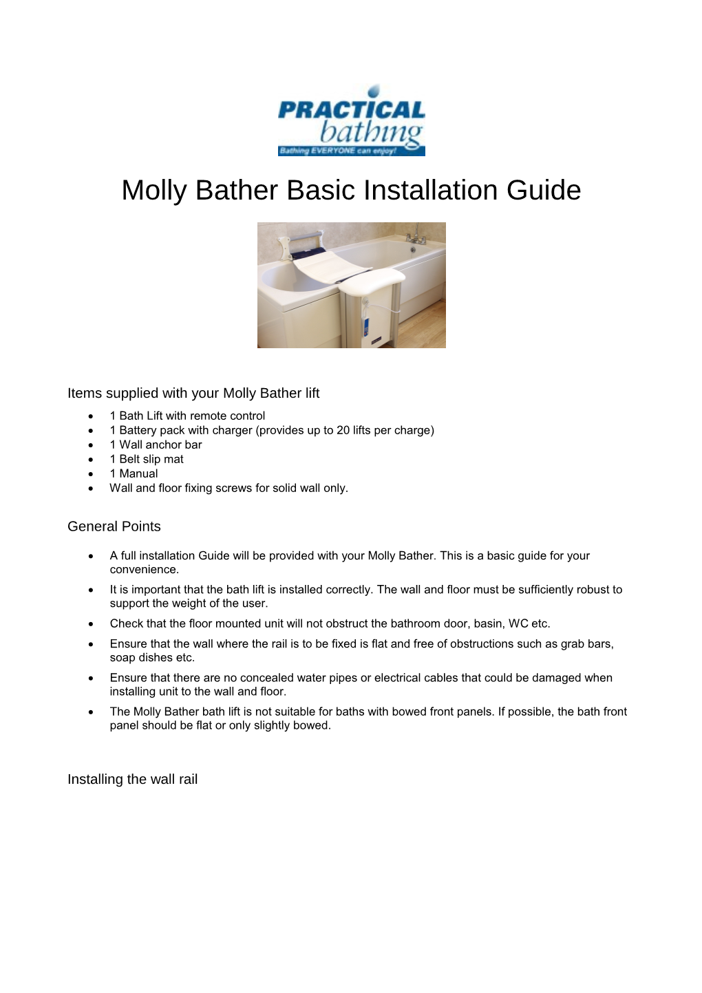 Items Supplied with Your Molly Bather Lift