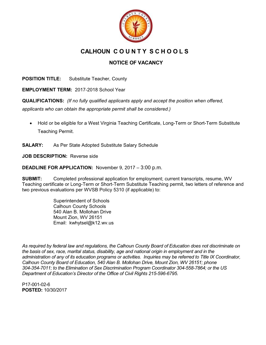 POSITION TITLE:Substitute Teacher, County