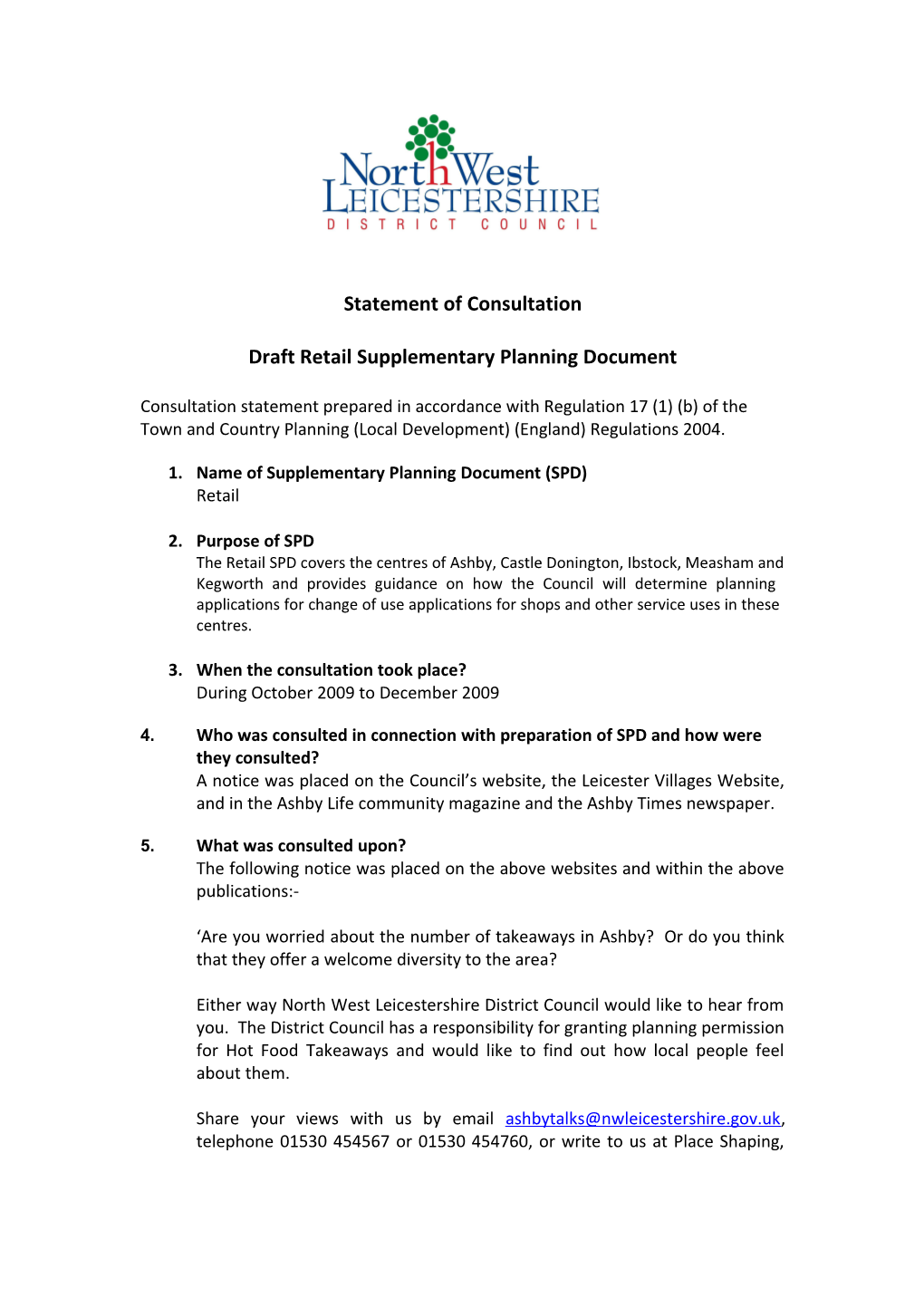 Draft Retail Supplementary Planning Document