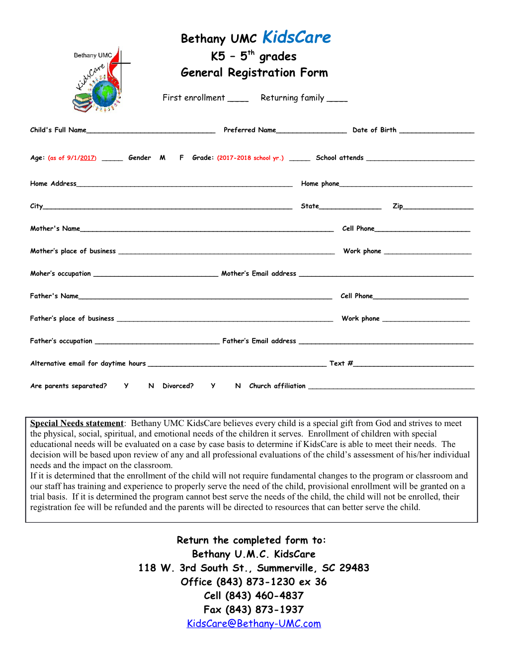 Bethany Kid's Club Registration