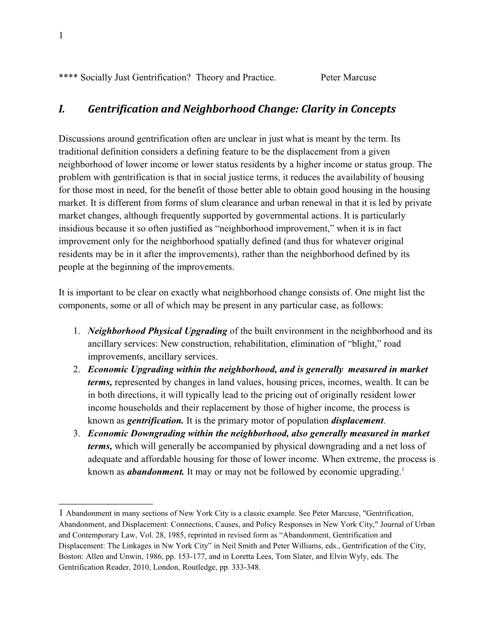 I.Gentrification and Neighborhood Change:Clarity in Concepts