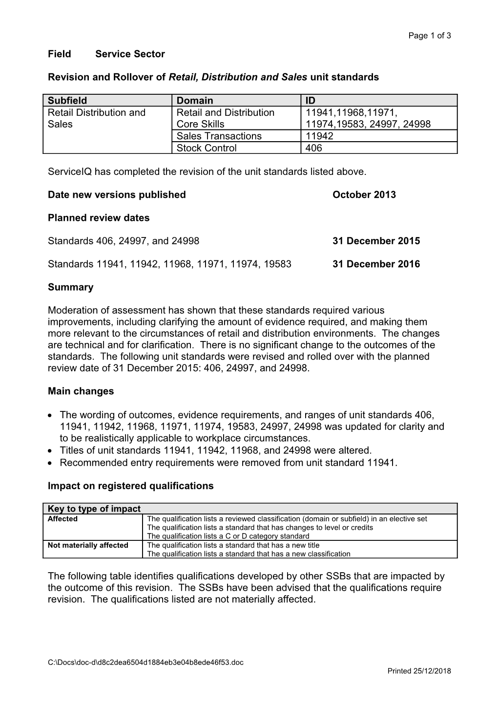 Revision and Rollover of Retail, Distribution and Sales Unit Standards