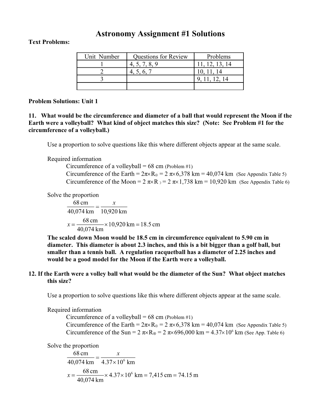 Astronomy Assignment #1 Solutions