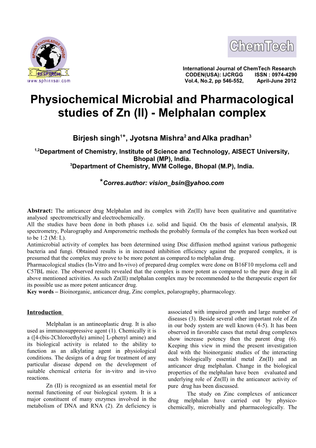 Bioinorganic Studies on Zn (II)- Melphalan Complexes