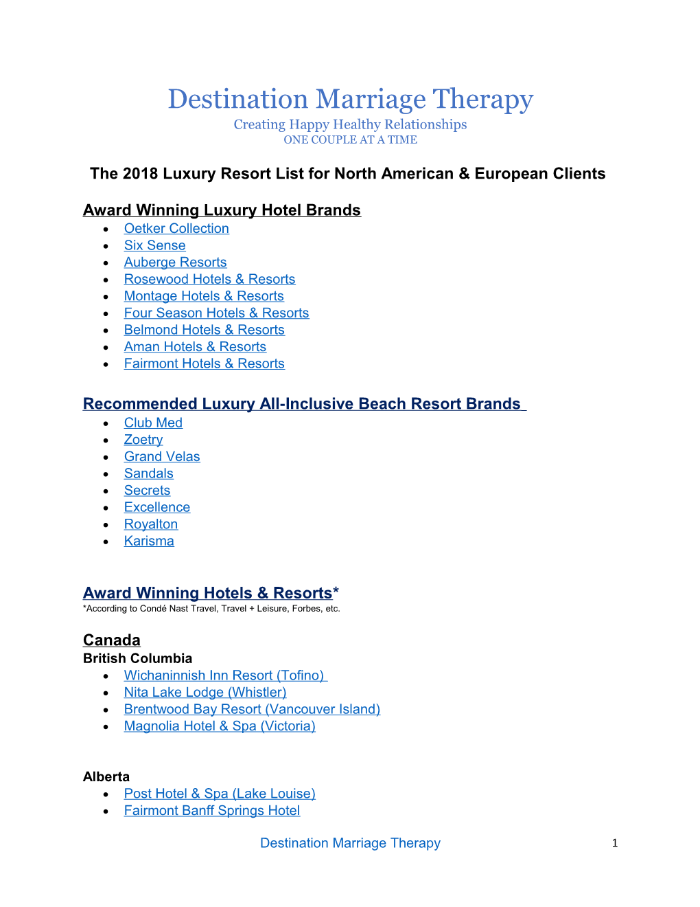 The 2018Luxury Resort Listfor North American & European Clients