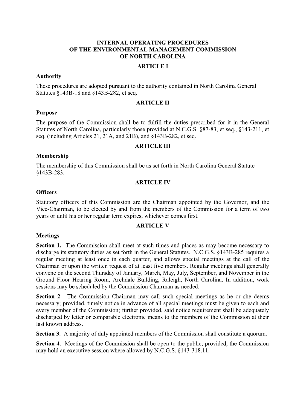 Internal Operating Procedures of the Environmental Management Commission of North Carolina