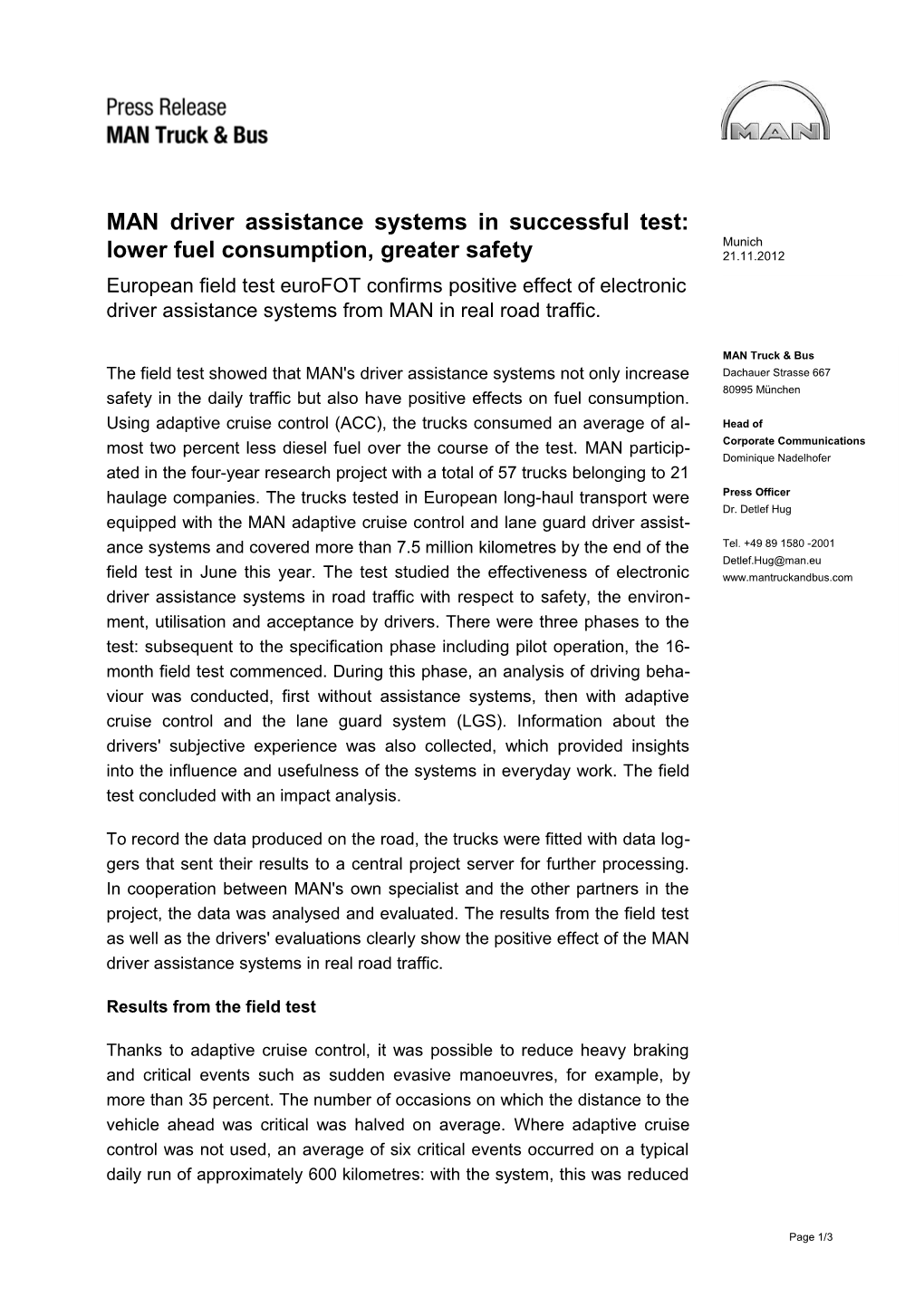 MAN Driver Assistance Systems in Successful Test: Lower Fuel Consumption, Greater Safety