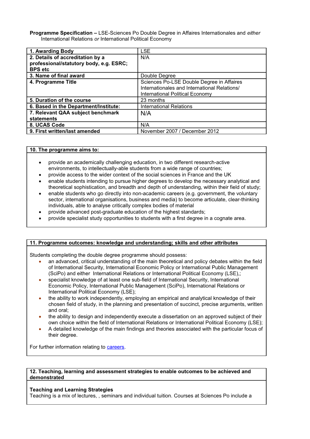 Programme Specification LSE-Sciences Po Double Degree in Affaires Internationales and Either