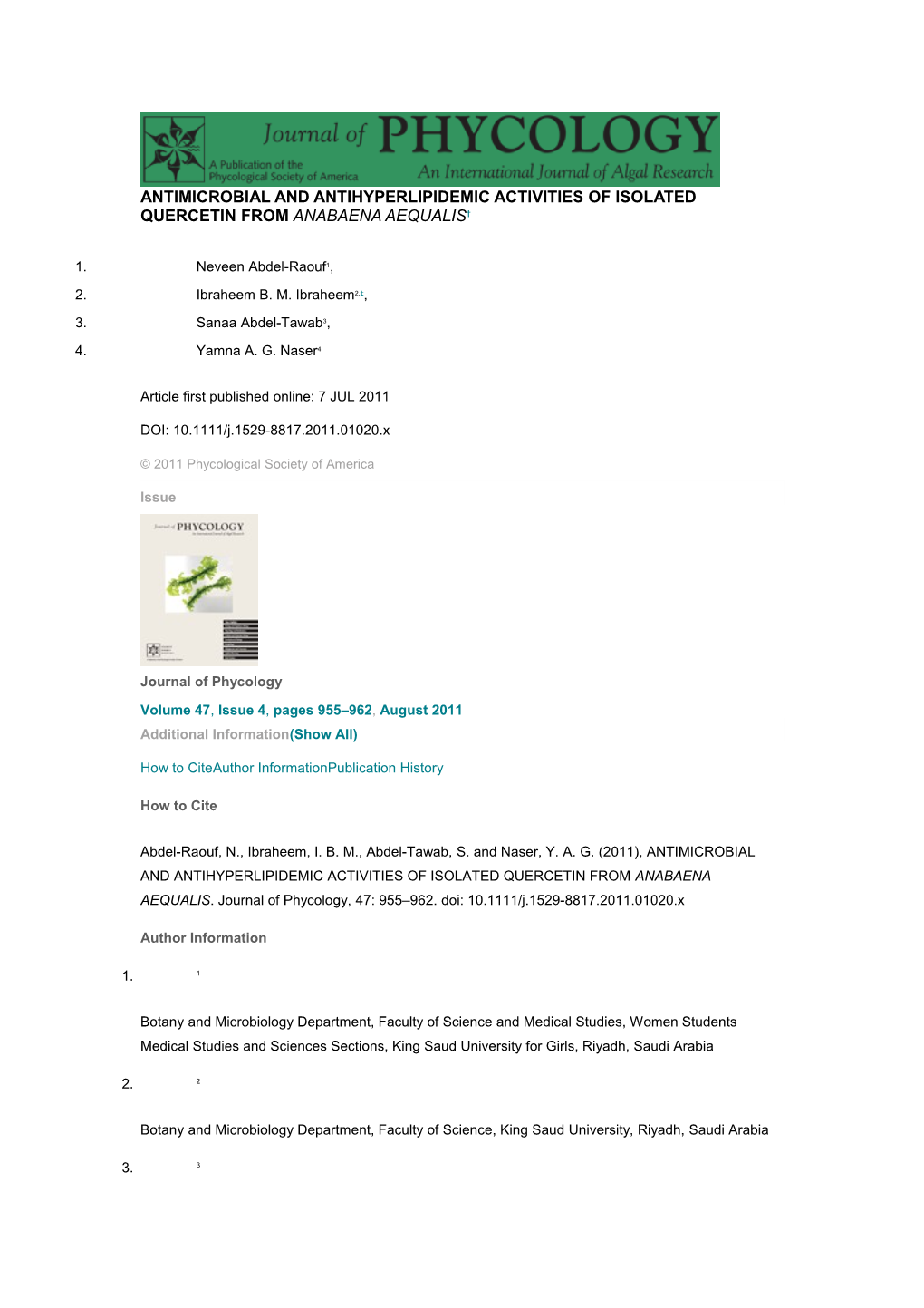 Antimicrobial and Antihyperlipidemic Activities of Isolated Quercetin from Anabaena Aequalis