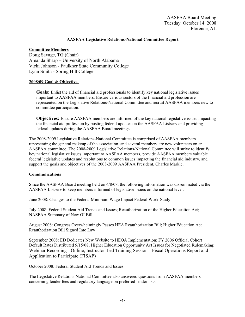 AASFAA Legislative Relations-National Committee Report