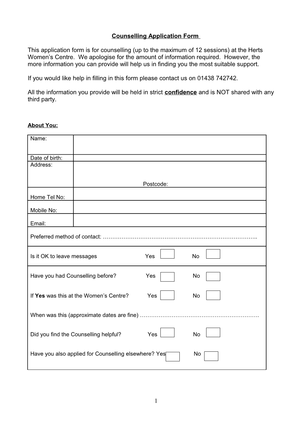 Counselling Application Form Students