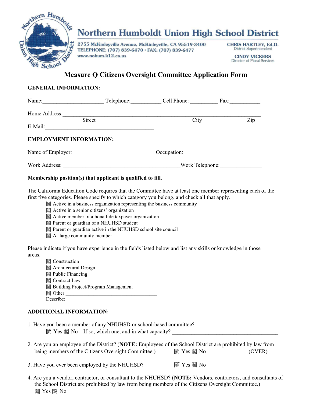 Measure Q Citizens Oversight Committee Application Form