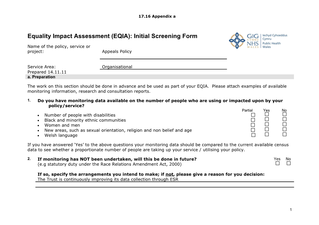 Equality Impact Assessment (EQIA): Screening