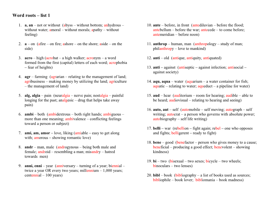 Word Roots List 1