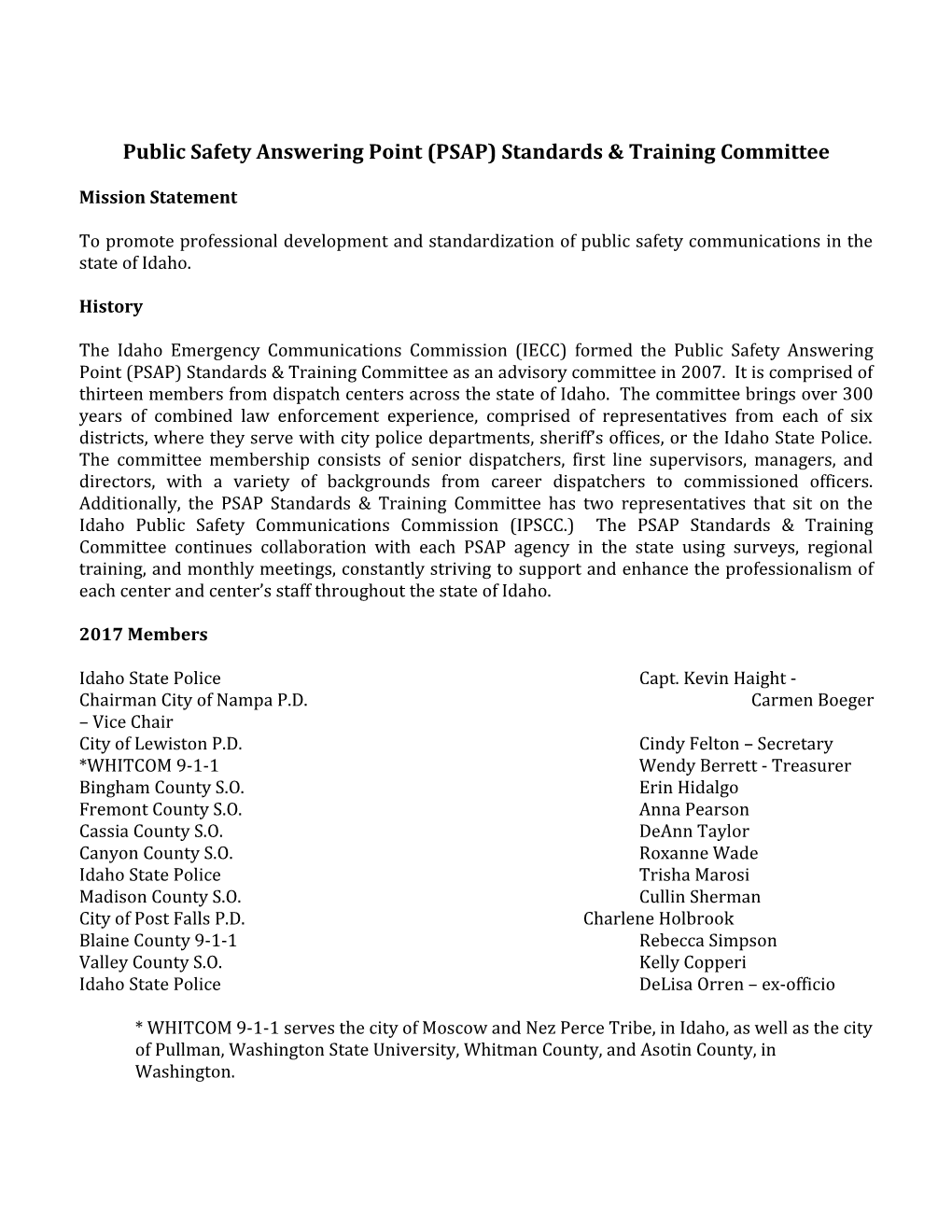 Public Safety Answering Point (PSAP) Standardstraining Committee