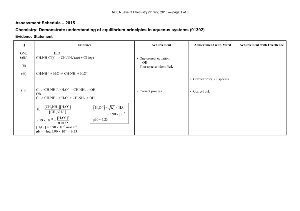 NCEA Level 3 Chemistry (91392) 2015 Assessment Schedule