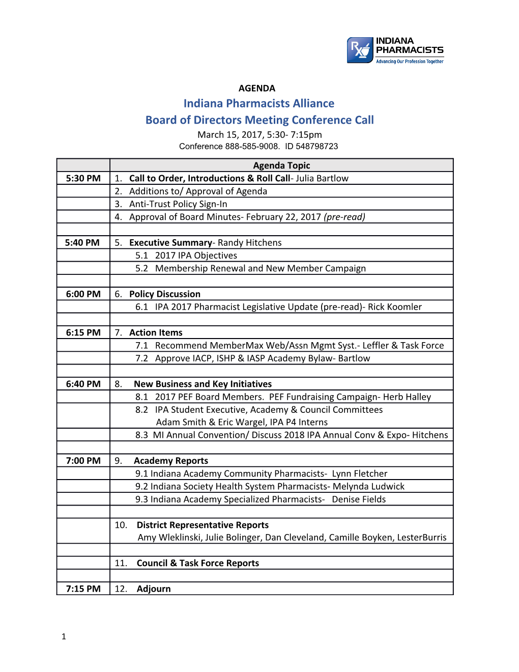 2017 IPA Board Meeting Roll-Call and Sign-In Anti-Trust Avoidance