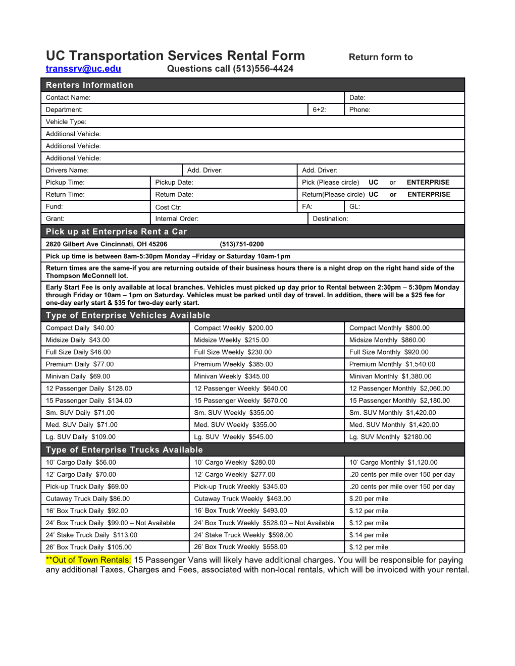 UC Transportation Services Rentalformreturn Form to Questions Call (513)556-4424