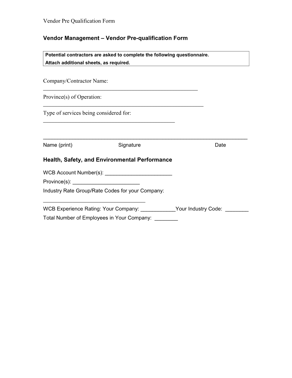 Vendor Management Vendor Pre-Qualification Form