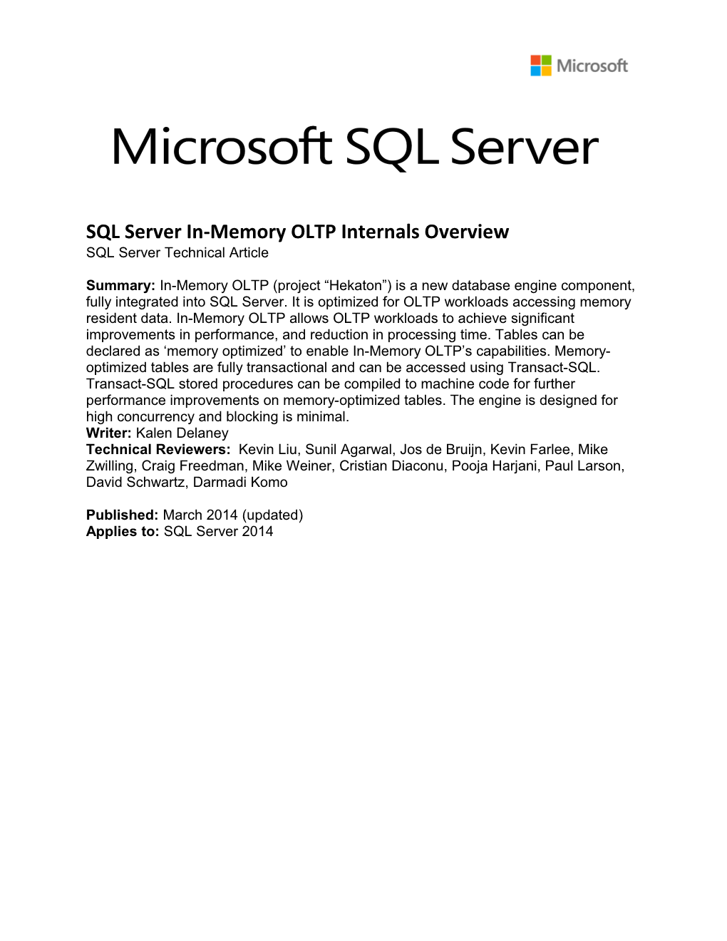 SQL Server 2014 In-Memory OLTP TDM White Paper